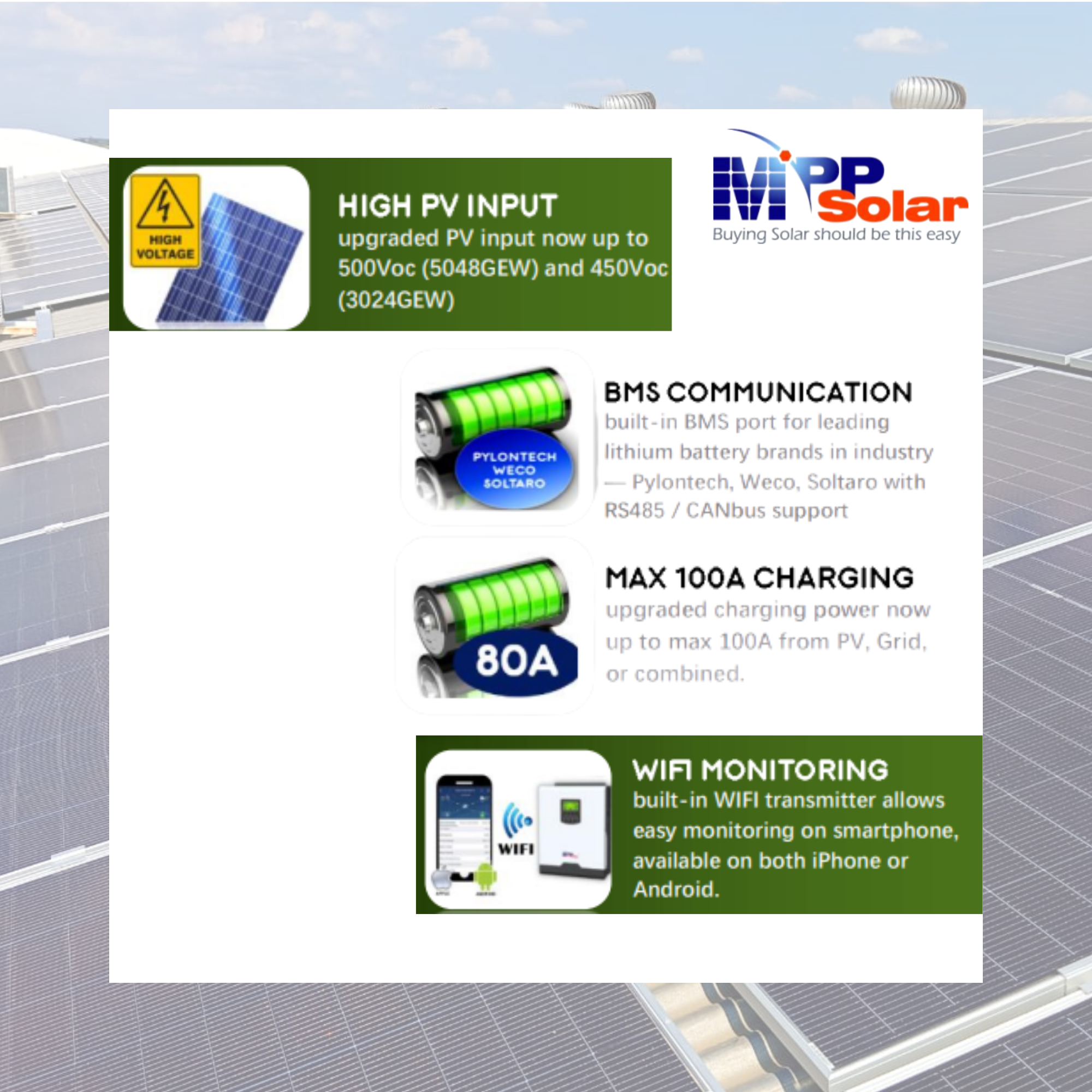 INVERSOR OFF-GRID MPPSOLAR PIP-4224GEW – 4200W – 24V – MPPT 80A – BATTERYLESS – BLUETOOTH / WIFI - Imagen 2